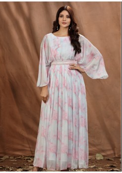 White And Pink Viscose Designer Gown